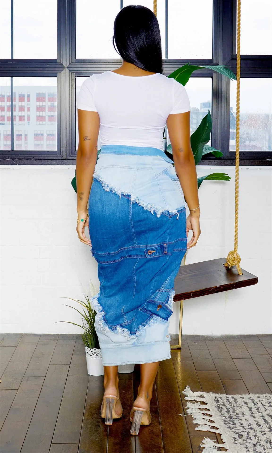 Edgy Street Style Denim Patchwork Split Skirt with Button Details