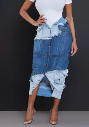 Edgy Street Style Denim Patchwork Split Skirt with Button Details