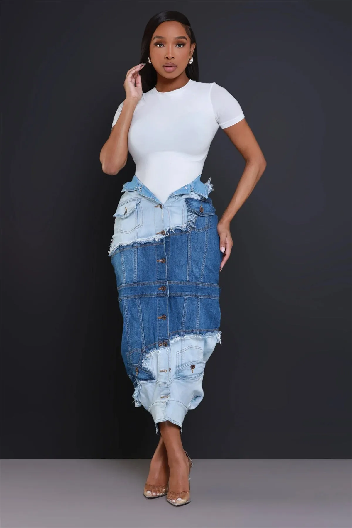 Edgy Street Style Denim Patchwork Split Skirt with Button Details