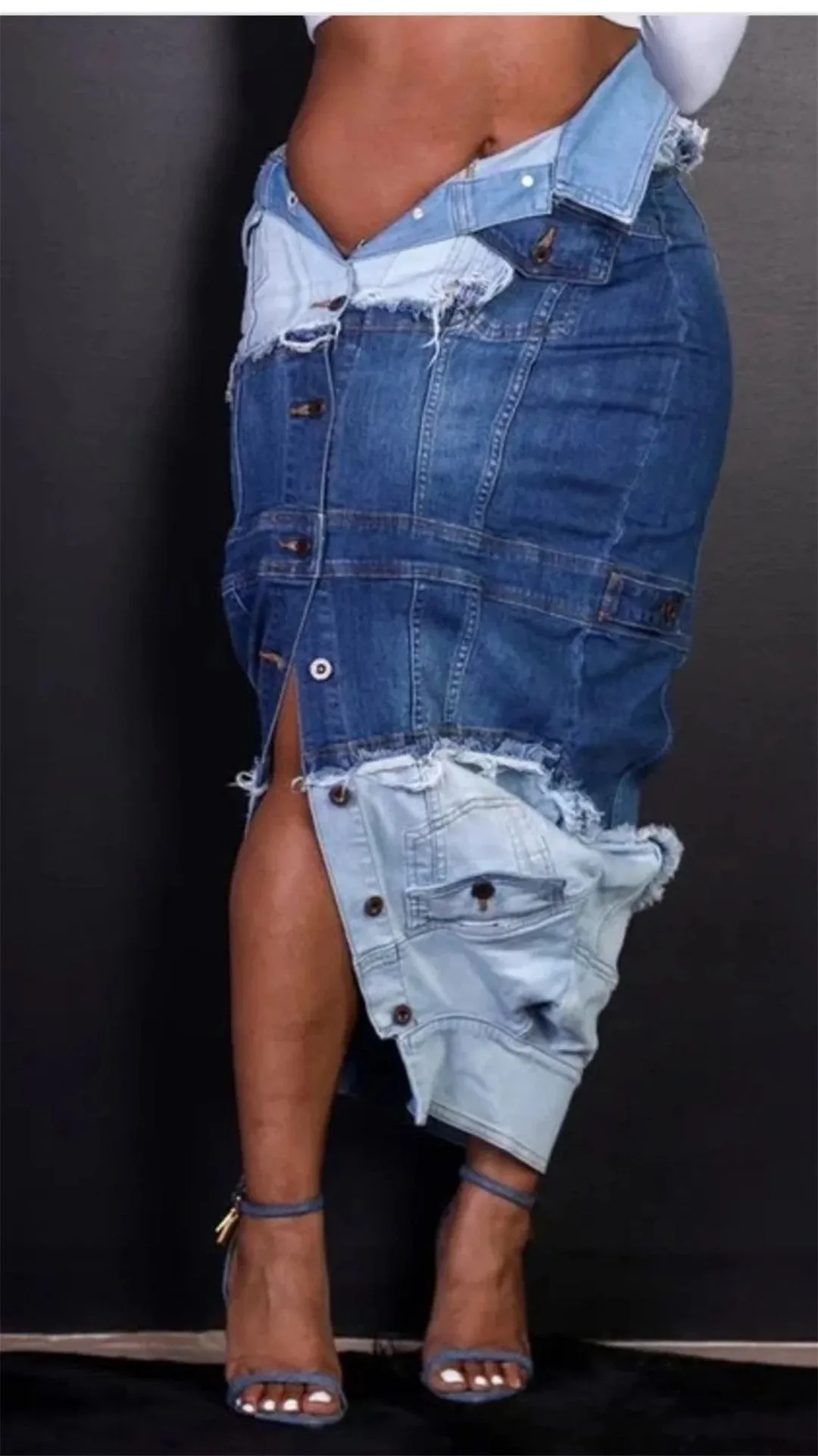 Edgy Street Style Denim Patchwork Split Skirt with Button Details