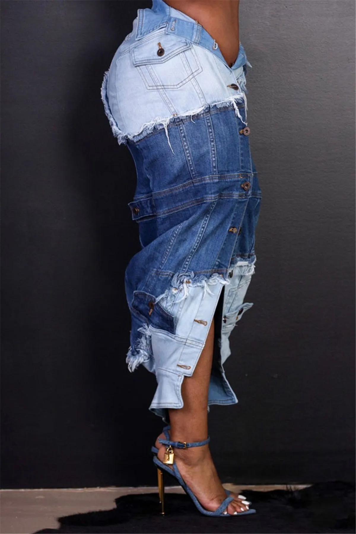 Edgy Street Style Denim Patchwork Split Skirt with Button Details