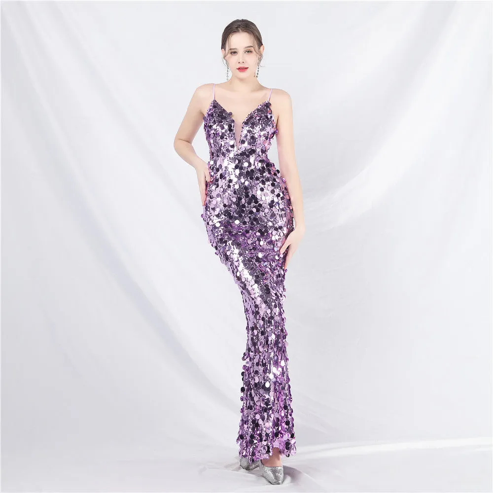 Elegant Sequin Strap Long Evening Dress