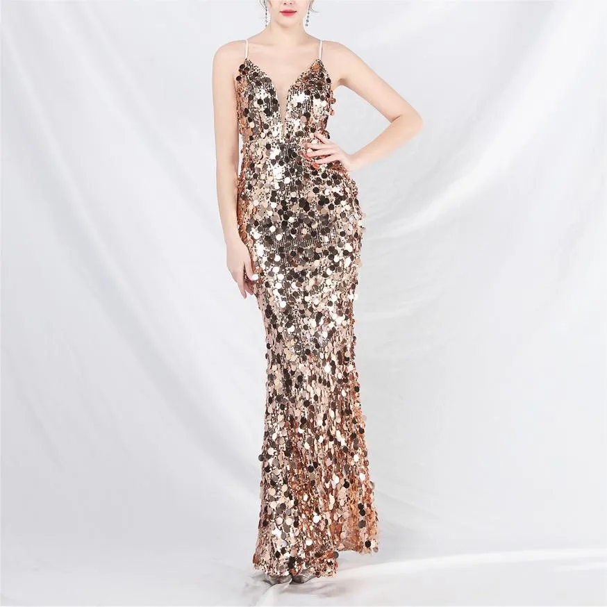 Elegant Sequin Strap Long Evening Dress
