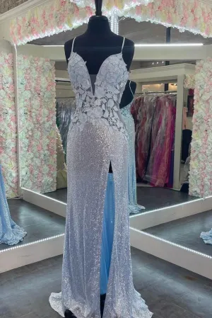 Elegant Straps Light Blue Sheath Appliques Long Prom Dresses