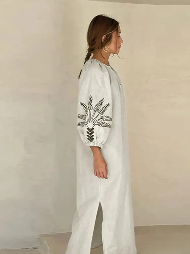 Embroidery red Long Dress Lantern Sleeve
