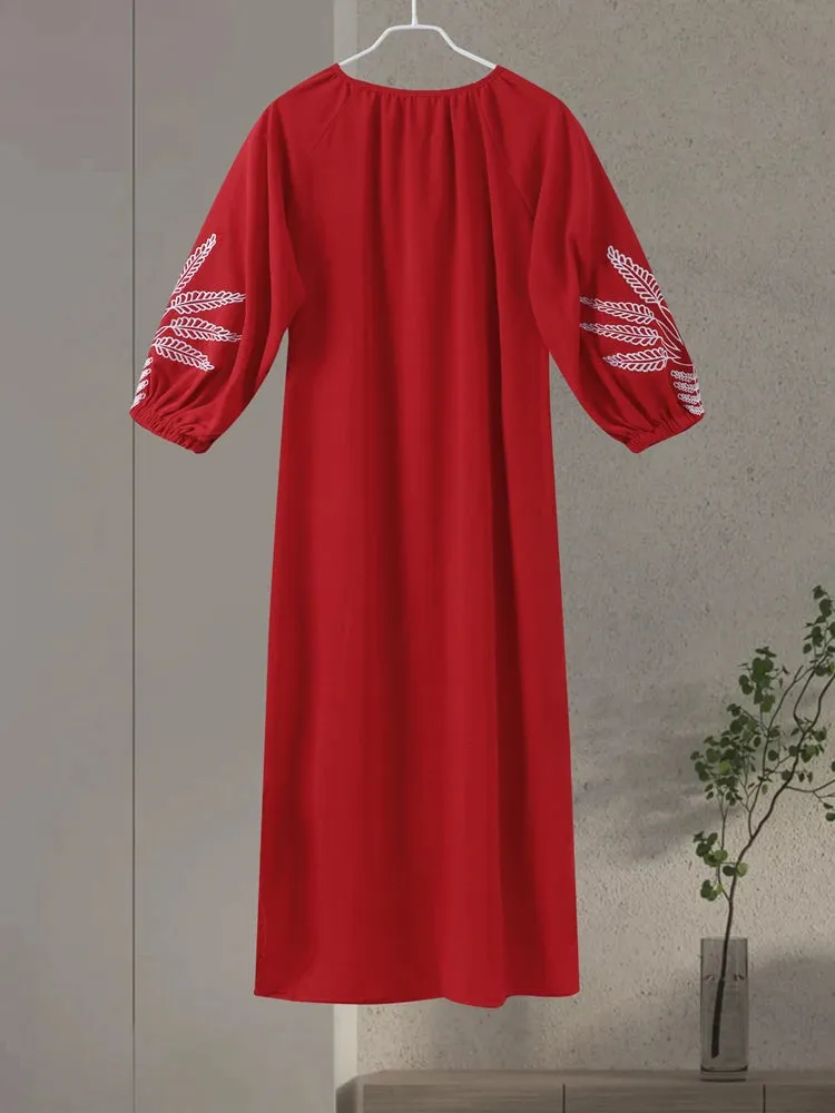 Embroidery red Long Dress Lantern Sleeve