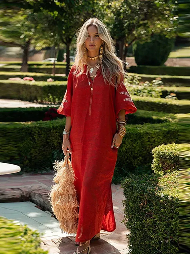 Embroidery red Long Dress Lantern Sleeve