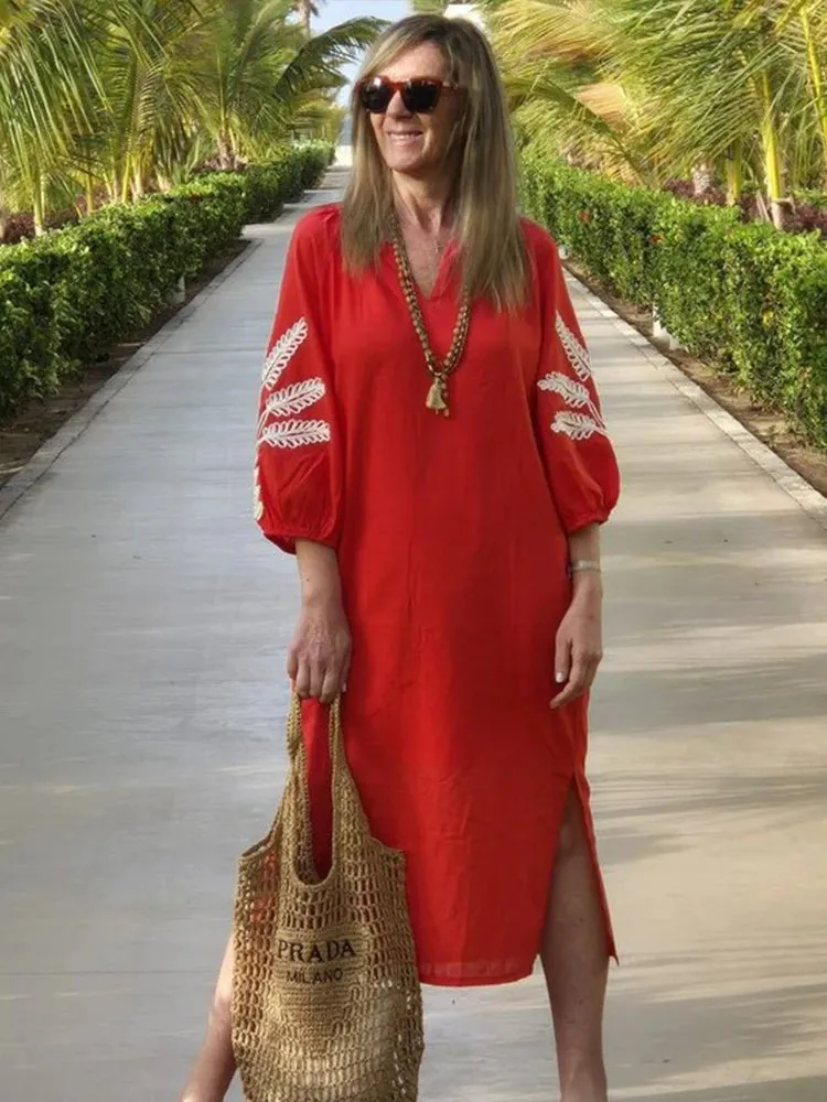 Embroidery red Long Dress Lantern Sleeve