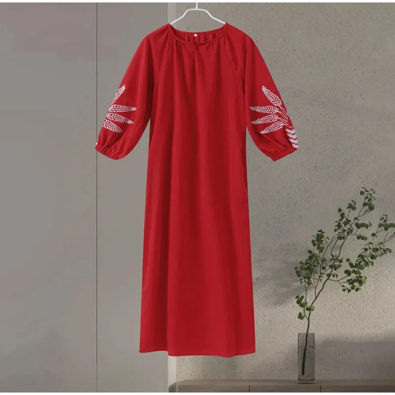 Embroidery red Long Dress Lantern Sleeve