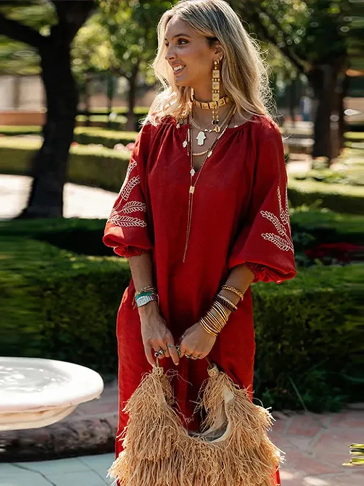 Embroidery red Long Dress Lantern Sleeve