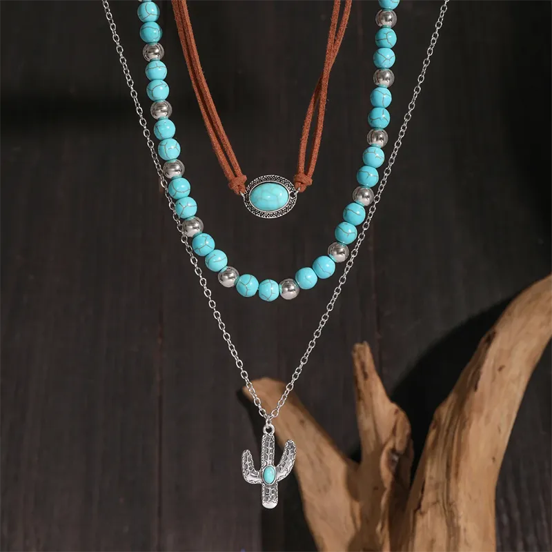 Ethnic Style 3pcs/Set Natural Stone Cactus Pendant Necklaces