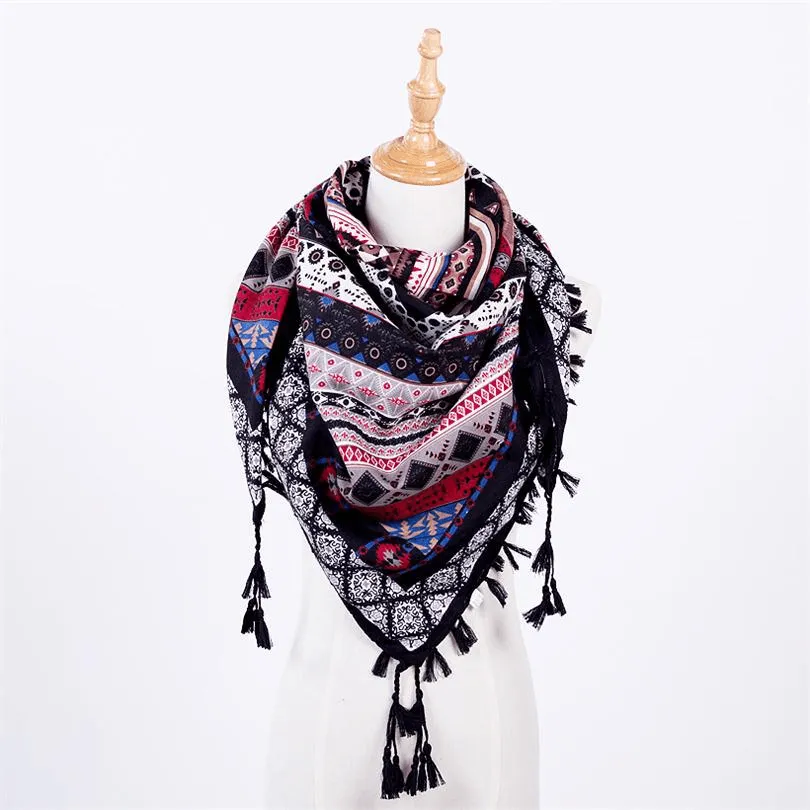 Ethnic Style Fringed Jacquard Square Scarf