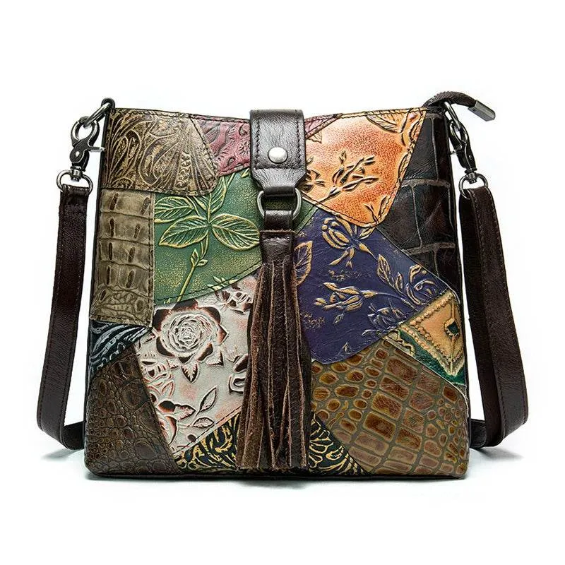 Ethnic Style Genuine Leather Shoulder Bag for Women Crossbody