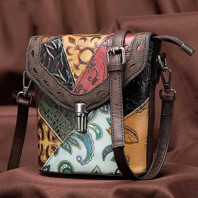 Ethnic Style Genuine Leather Shoulder Bag for Women Crossbody