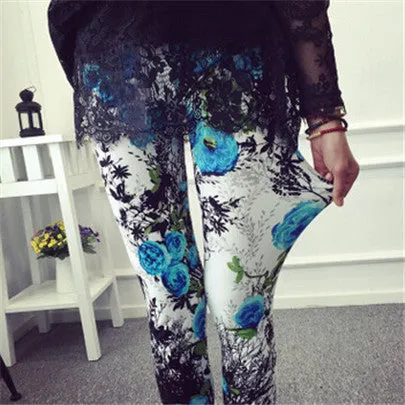 Ethnic style Retro graffiti paintings Printing flowers trousers printed High elasticity leggings