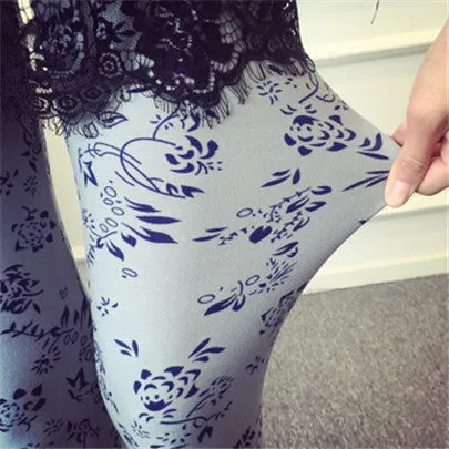 Ethnic style Retro graffiti paintings Printing flowers trousers printed High elasticity leggings