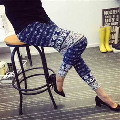 Ethnic style Retro graffiti paintings Printing flowers trousers printed High elasticity leggings