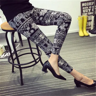 Ethnic style Retro graffiti paintings Printing flowers trousers printed High elasticity leggings
