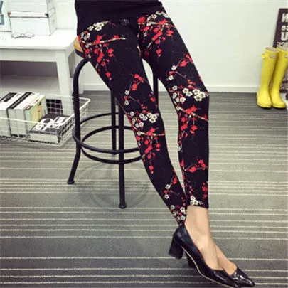Ethnic style Retro graffiti paintings Printing flowers trousers printed High elasticity leggings