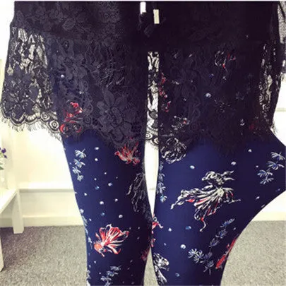 Ethnic style Retro graffiti paintings Printing flowers trousers printed High elasticity leggings