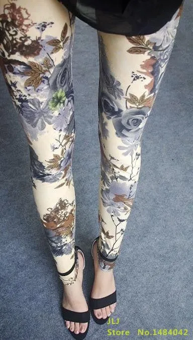 Ethnic style Retro graffiti paintings Printing flowers trousers printed High elasticity leggings