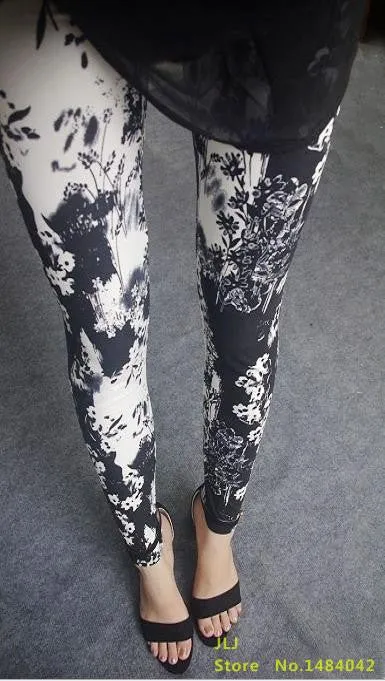 Ethnic style Retro graffiti paintings Printing flowers trousers printed High elasticity leggings