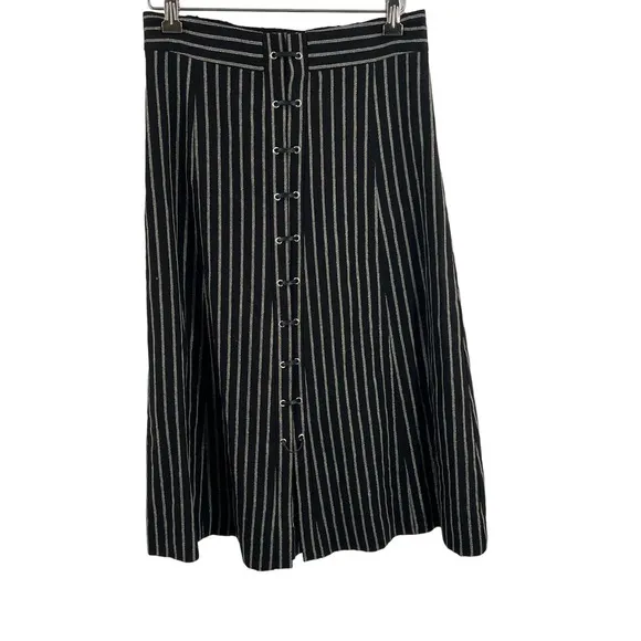 Eva Franco Black w Silver Metallic Stripe Midi Skirt Size 2 New