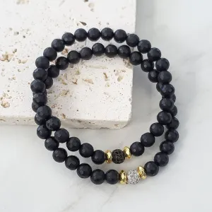 Expressions Bracelets - Gold Pave Black Beaded Skinny Stacking Bracelet