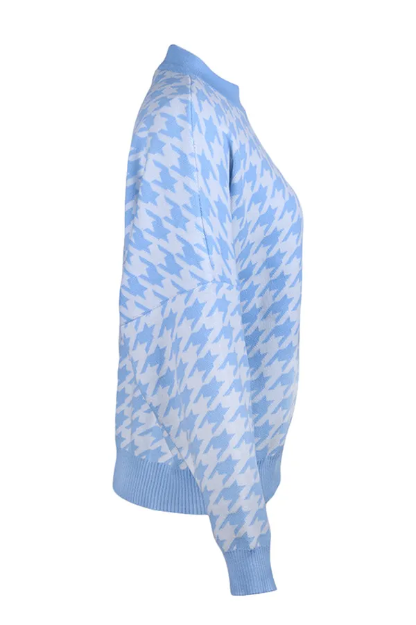 Fashion Street Geometric Patchwork Contrast O Neck Sweater(3 Colors)