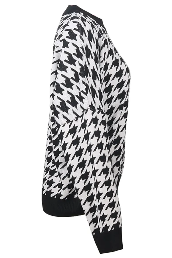 Fashion Street Geometric Patchwork Contrast O Neck Sweater(3 Colors)