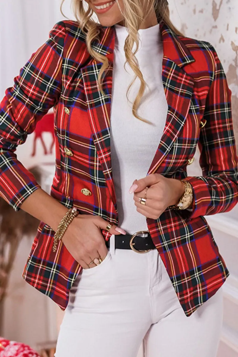 Fashion Street Plaid Patchwork Turn-back Collar Outerwear(4 Colors)
