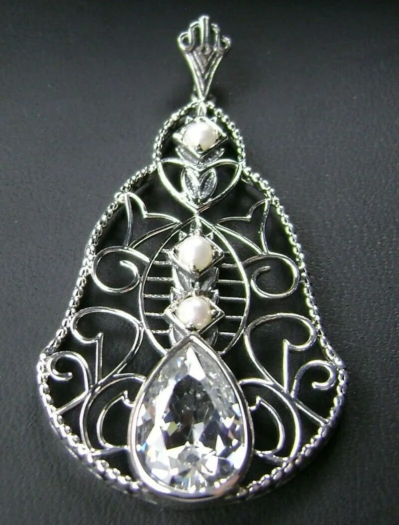 Faux Diamond Pendant, Pearl Accented Lavalier Necklace, Victorian Jewelry P22