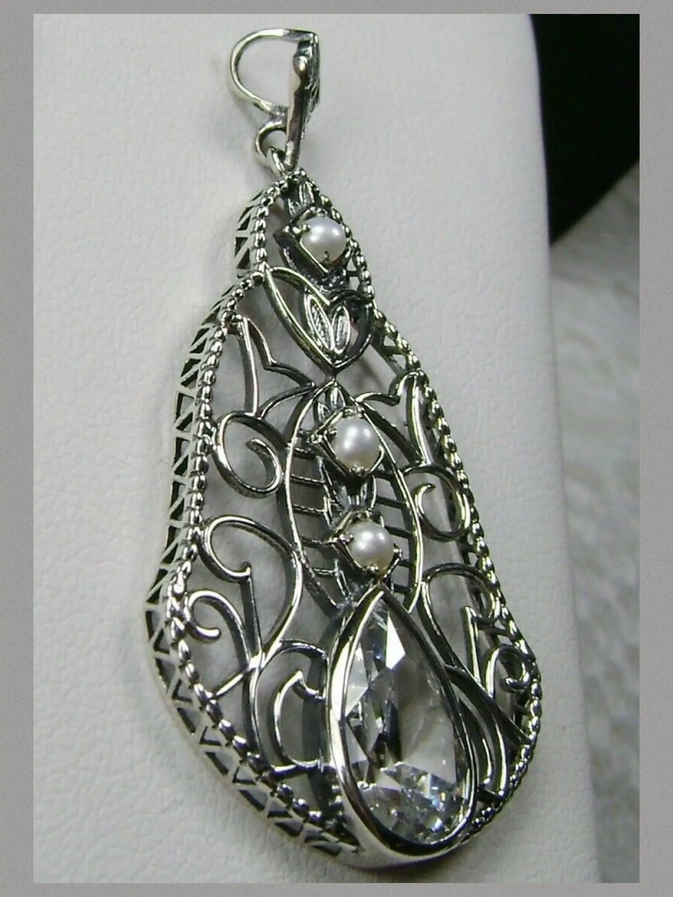 Faux Diamond Pendant, Pearl Accented Lavalier Necklace, Victorian Jewelry P22