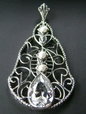 Faux Diamond Pendant, Pearl Accented Lavalier Necklace, Victorian Jewelry P22