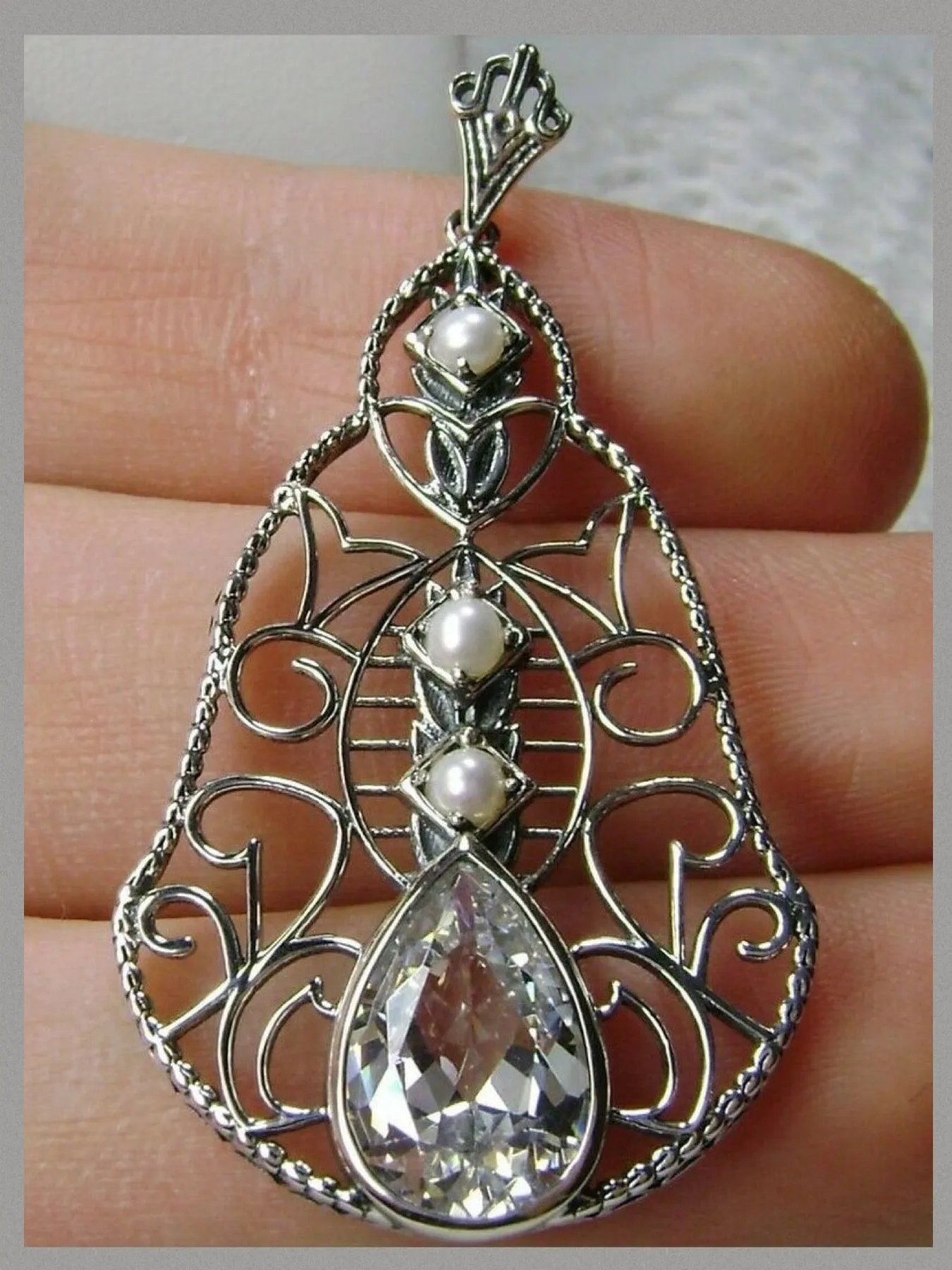Faux Diamond Pendant, Pearl Accented Lavalier Necklace, Victorian Jewelry P22