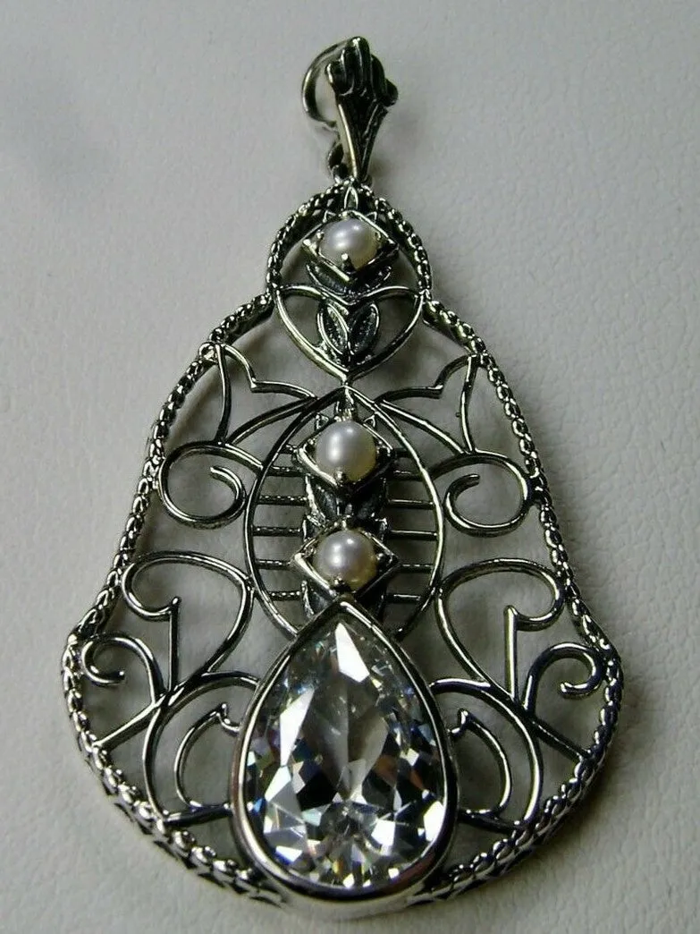 Faux Diamond Pendant, Pearl Accented Lavalier Necklace, Victorian Jewelry P22