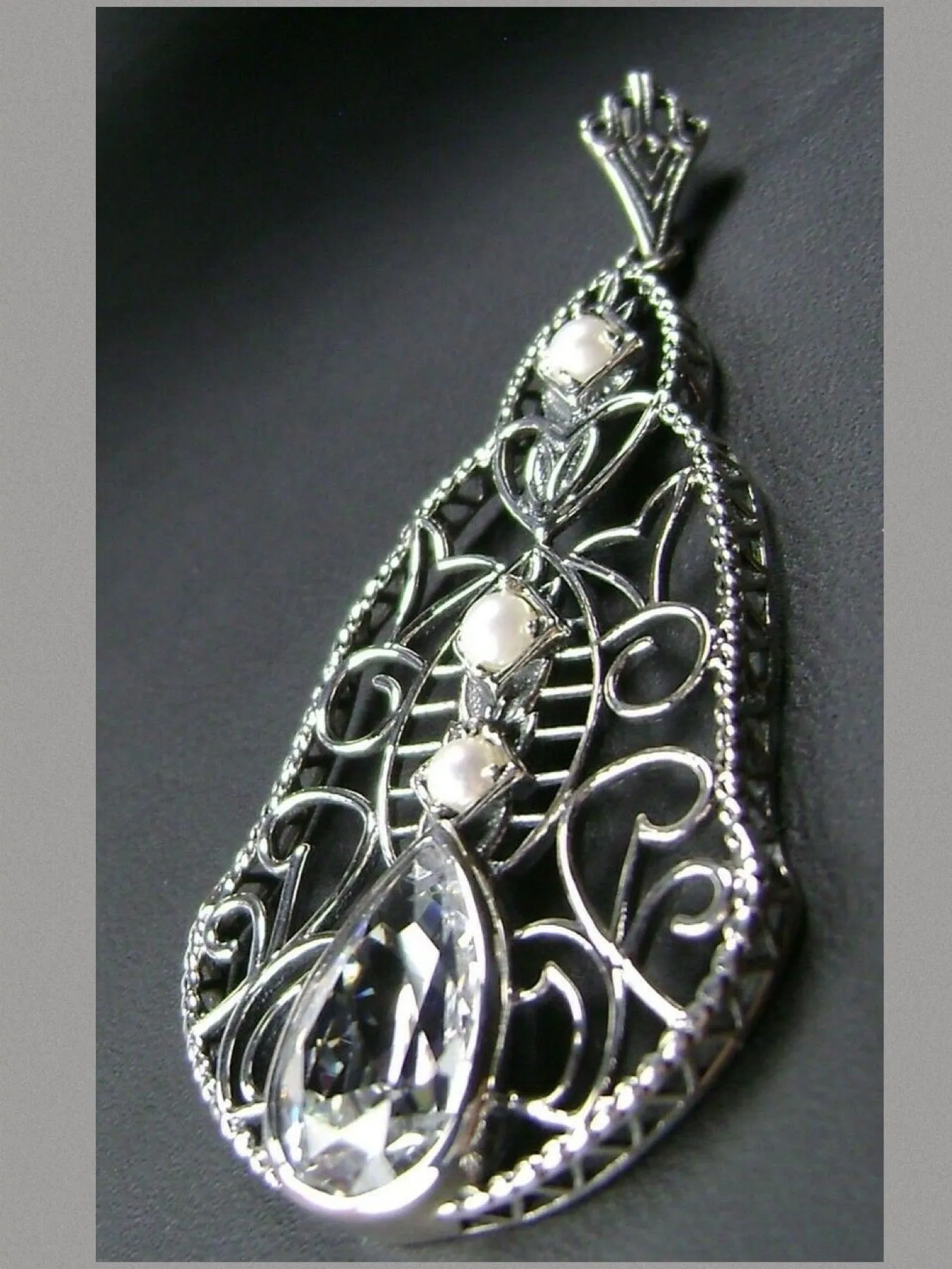 Faux Diamond Pendant, Pearl Accented Lavalier Necklace, Victorian Jewelry P22