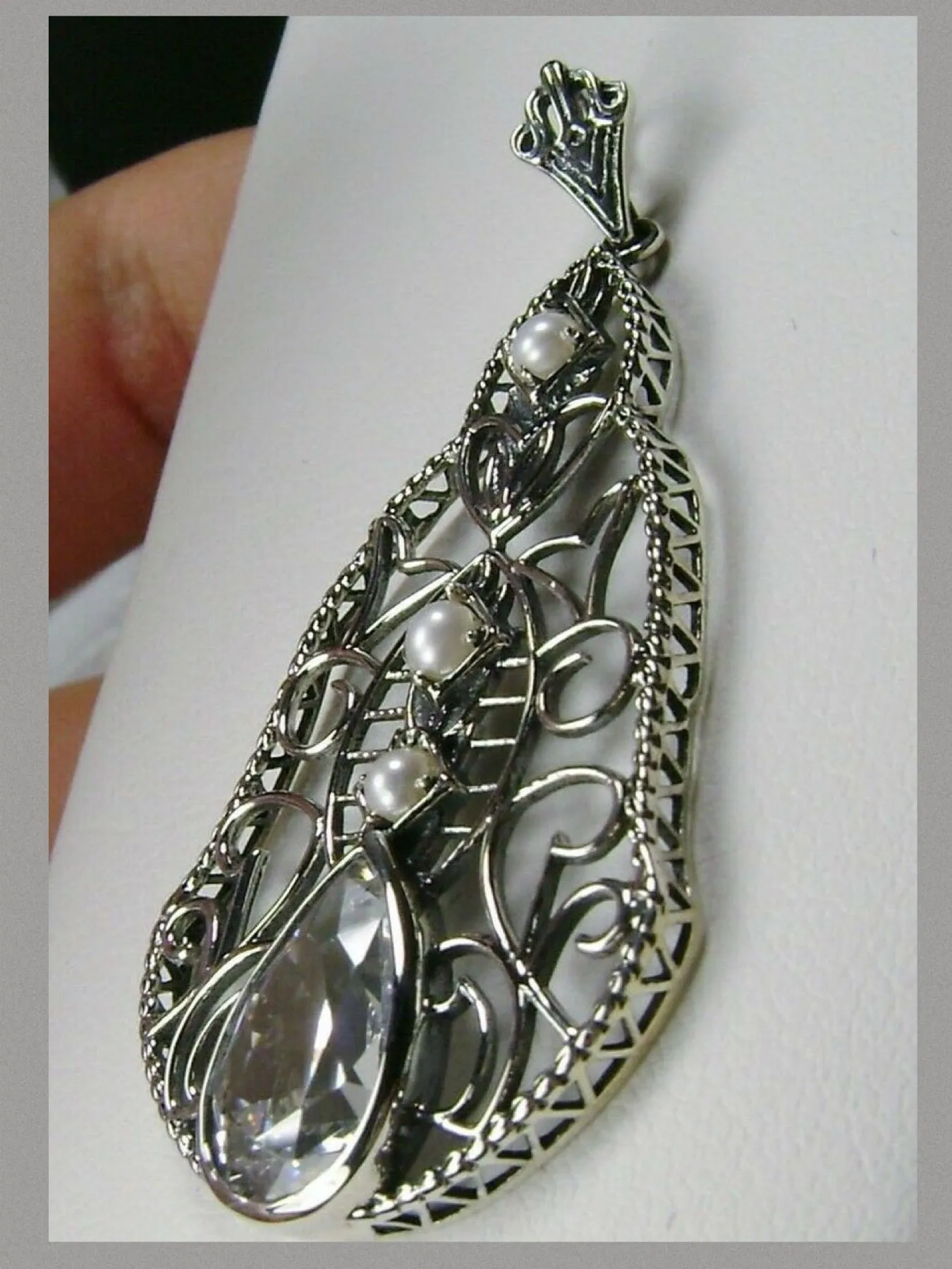 Faux Diamond Pendant, Pearl Accented Lavalier Necklace, Victorian Jewelry P22