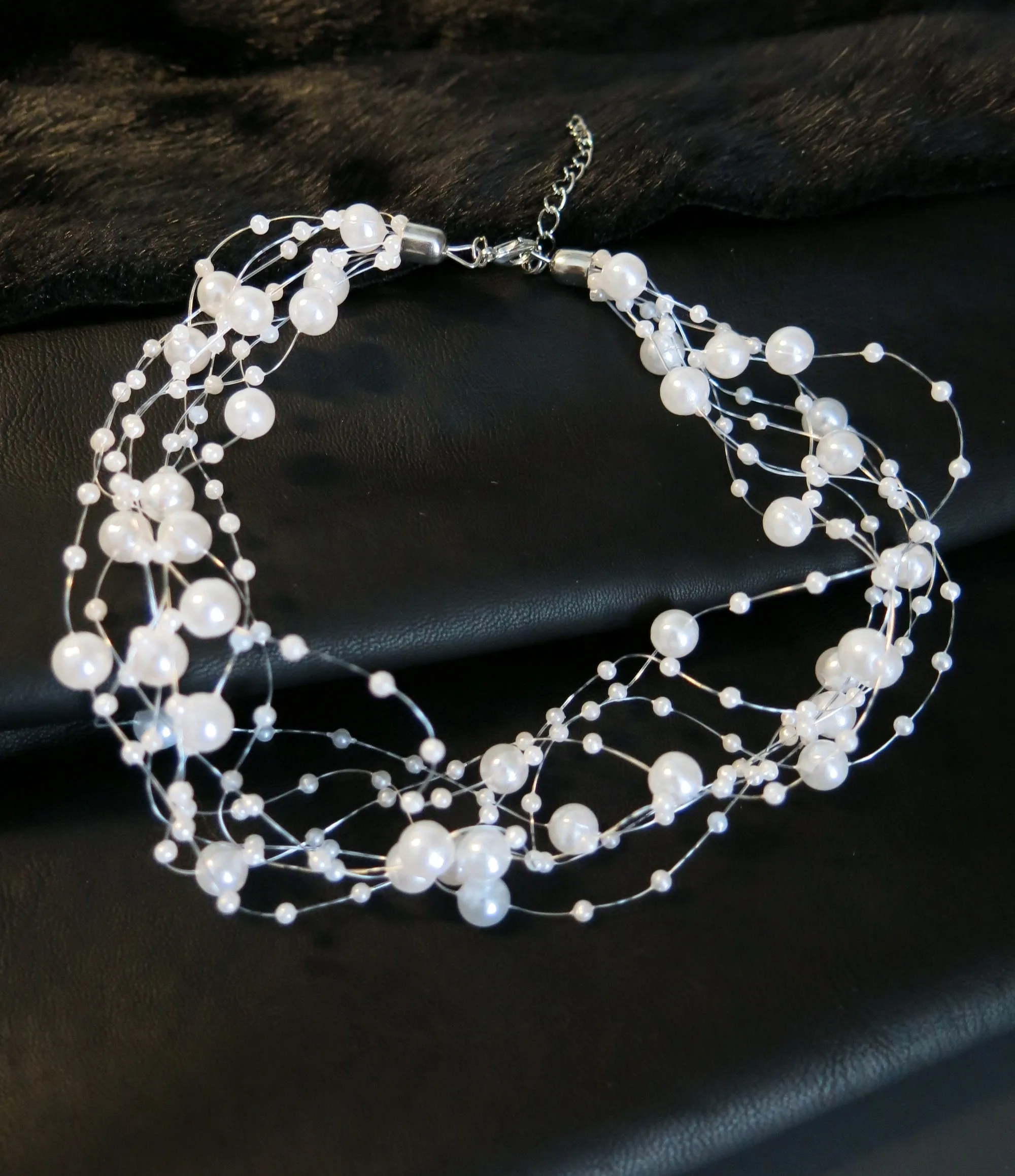 Floating Multi Strand White Pearl Choker Necklace, Wedding Multi Layer White Floating Pearl Necklace