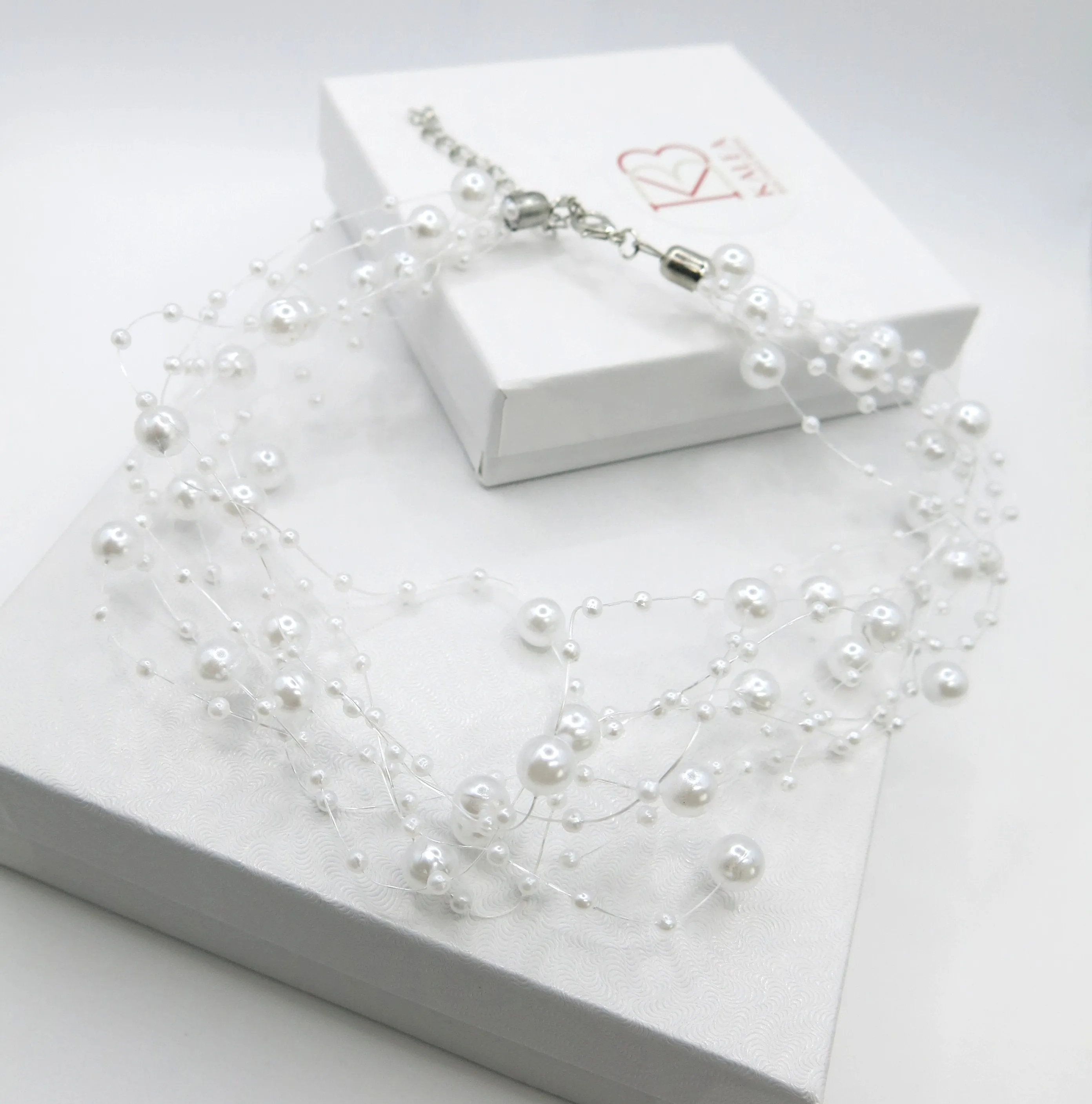 Floating Multi Strand White Pearl Choker Necklace, Wedding Multi Layer White Floating Pearl Necklace