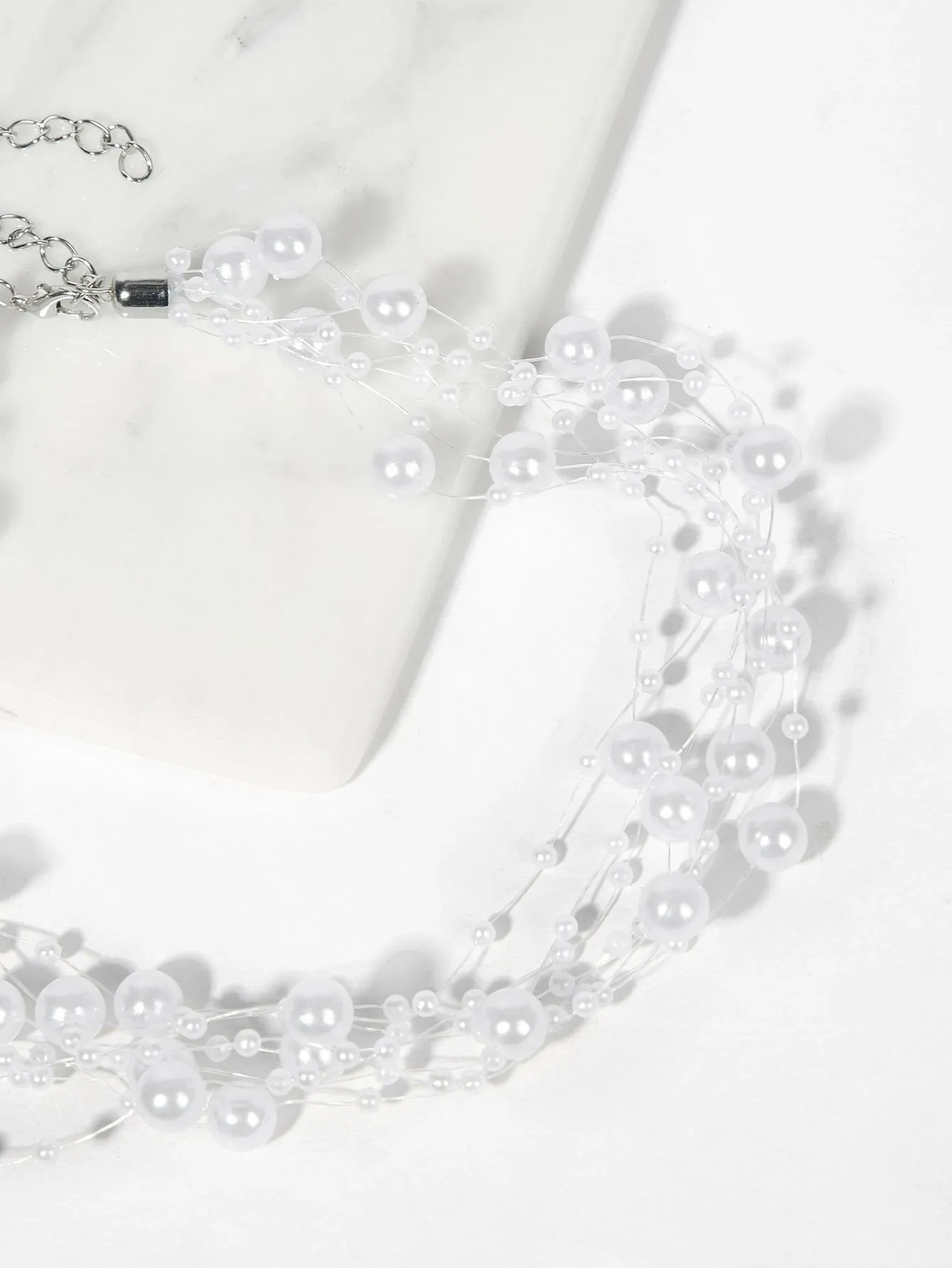 Floating Multi Strand White Pearl Choker Necklace, Wedding Multi Layer White Floating Pearl Necklace