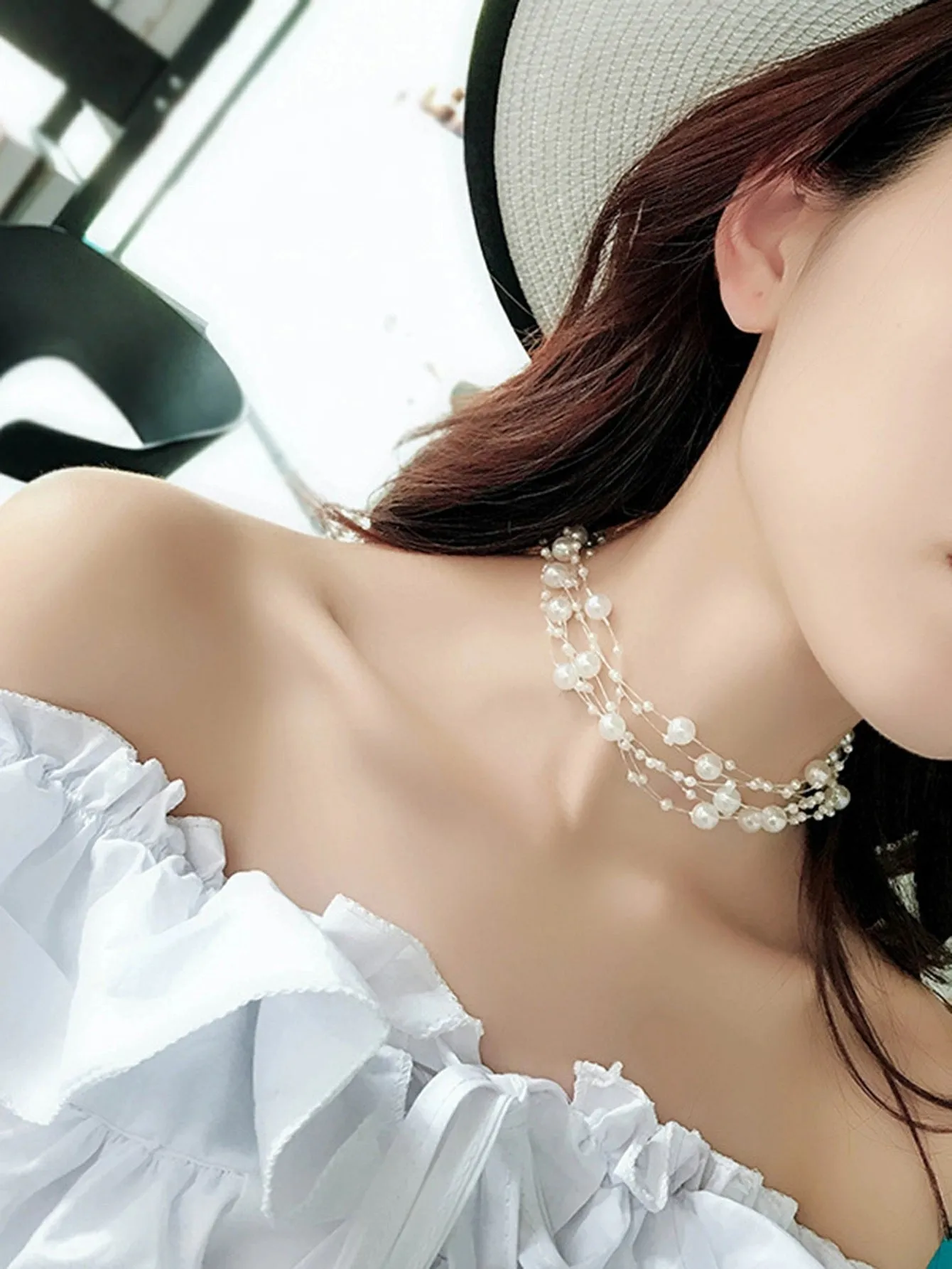 Floating Multi Strand White Pearl Choker Necklace, Wedding Multi Layer White Floating Pearl Necklace