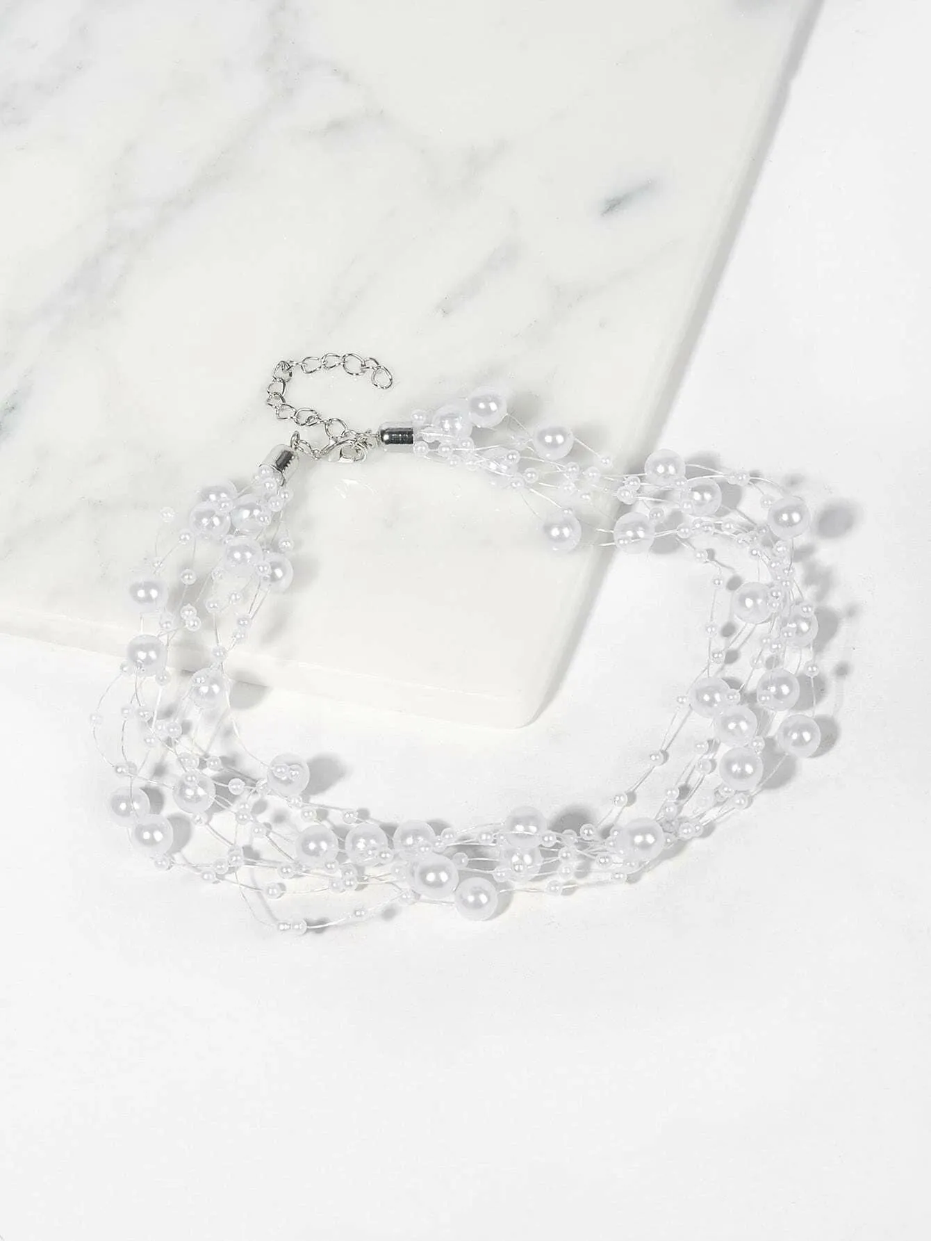 Floating Multi Strand White Pearl Choker Necklace, Wedding Multi Layer White Floating Pearl Necklace