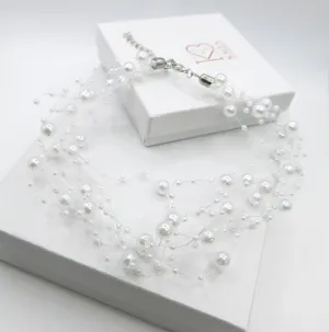 Floating Multi Strand White Pearl Choker Necklace, Wedding Multi Layer White Floating Pearl Necklace