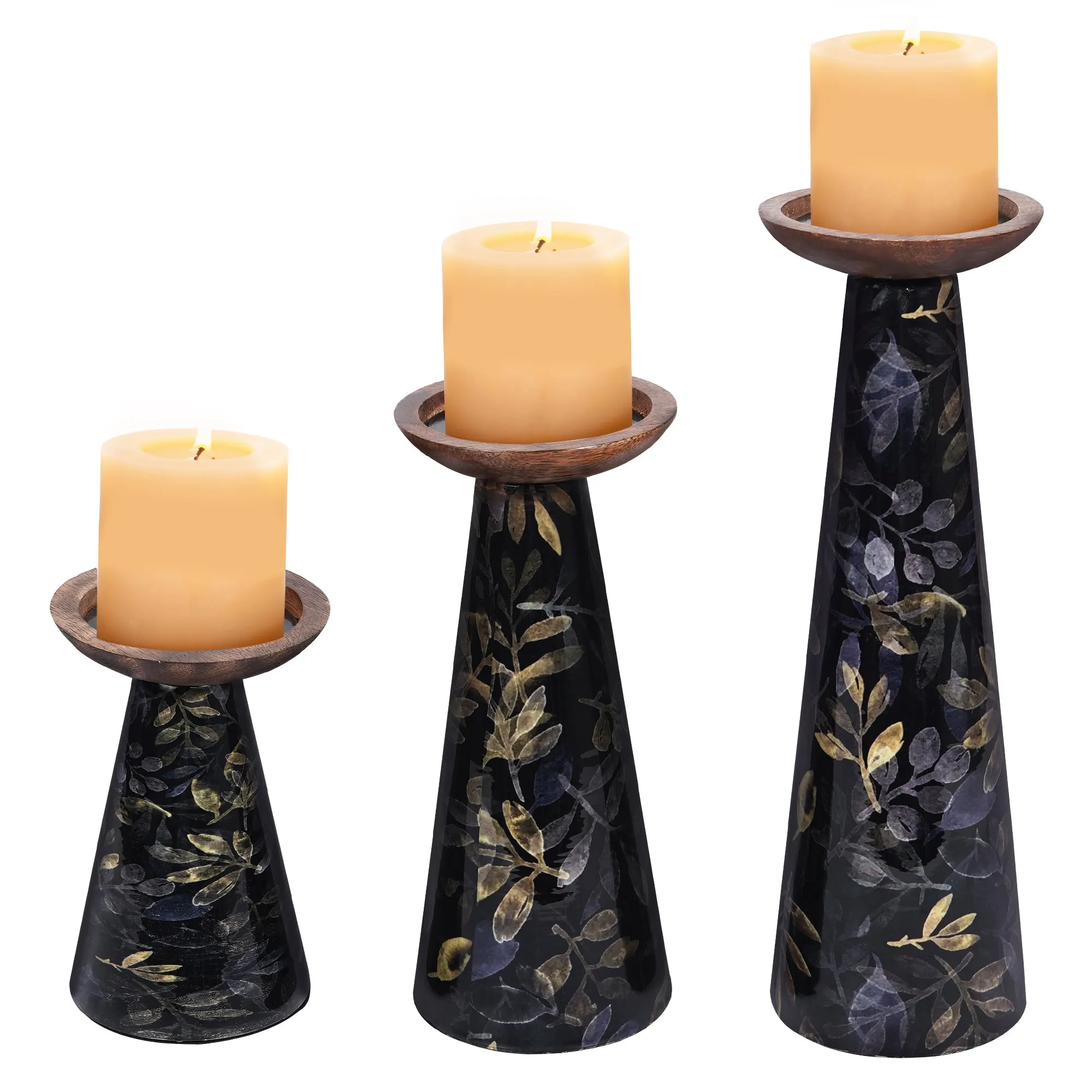 Floral Pillar Candleholder Set - Black