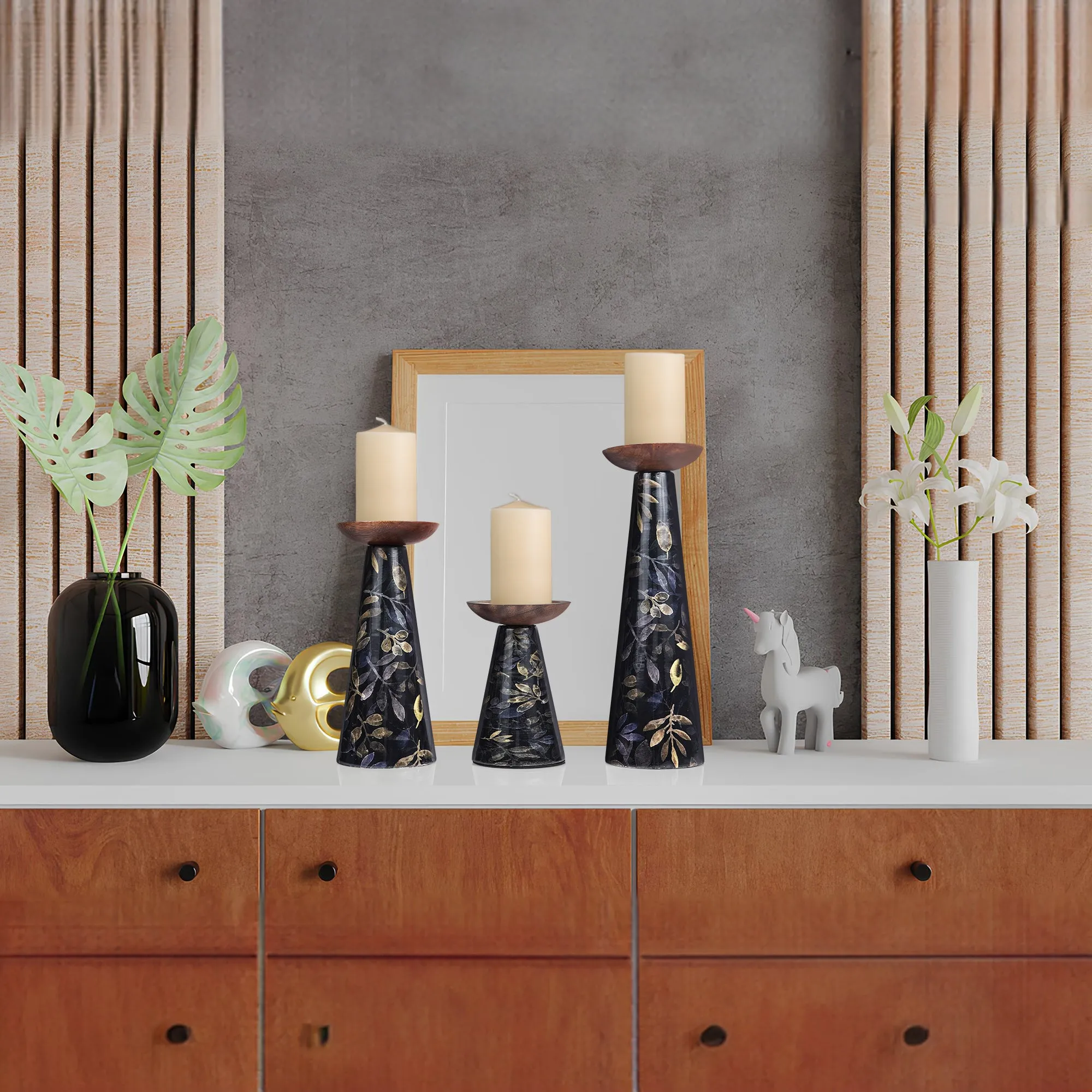Floral Pillar Candleholder Set - Black