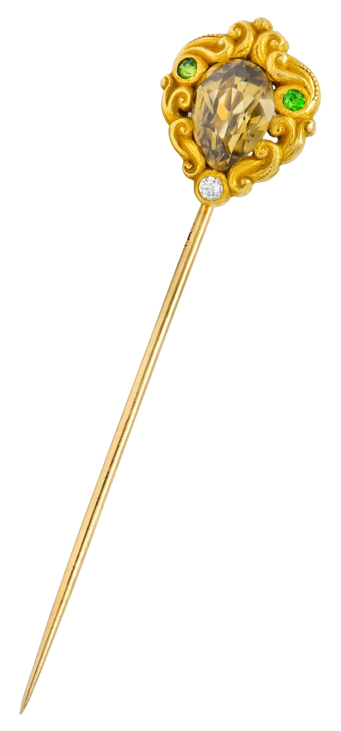 Frank Walter Lawrence Zircon Diamond Demantoid Garnet 14 Karat Gold Scrolled Stickpin