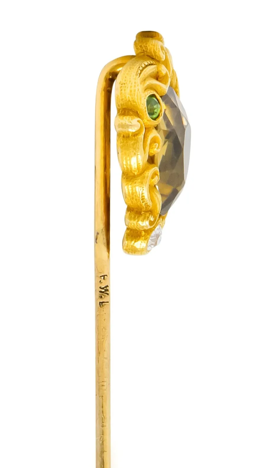 Frank Walter Lawrence Zircon Diamond Demantoid Garnet 14 Karat Gold Scrolled Stickpin