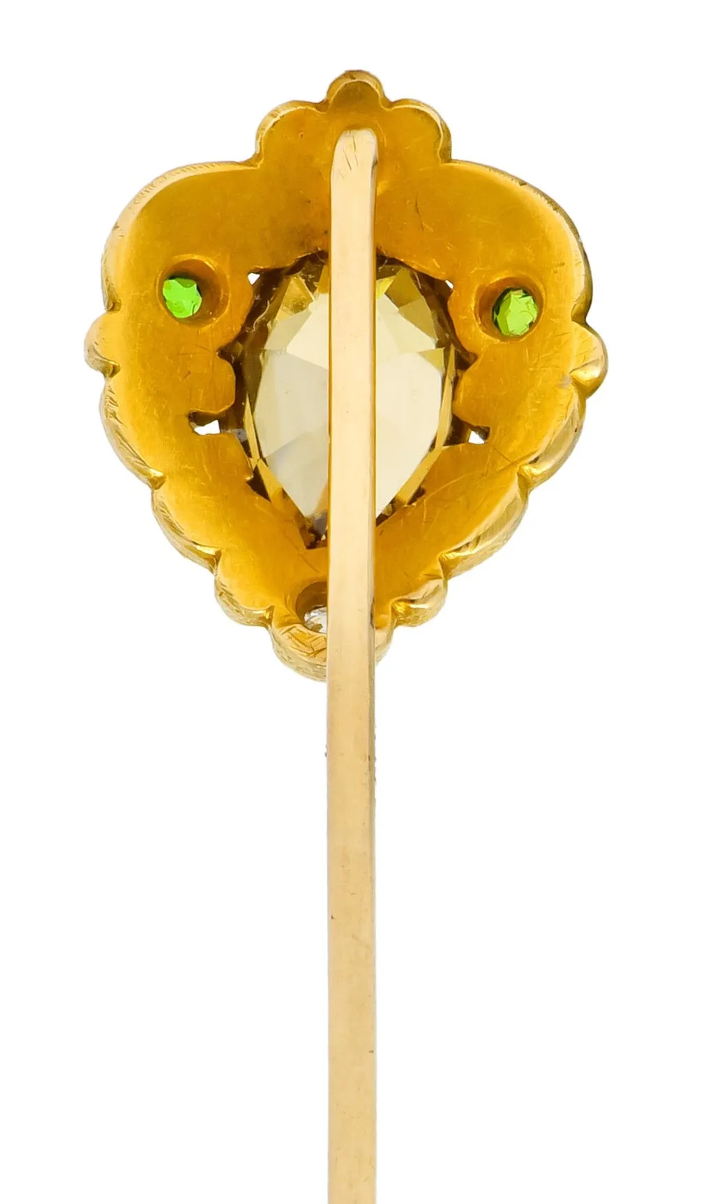 Frank Walter Lawrence Zircon Diamond Demantoid Garnet 14 Karat Gold Scrolled Stickpin