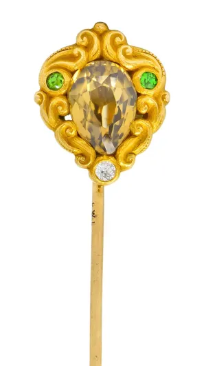 Frank Walter Lawrence Zircon Diamond Demantoid Garnet 14 Karat Gold Scrolled Stickpin